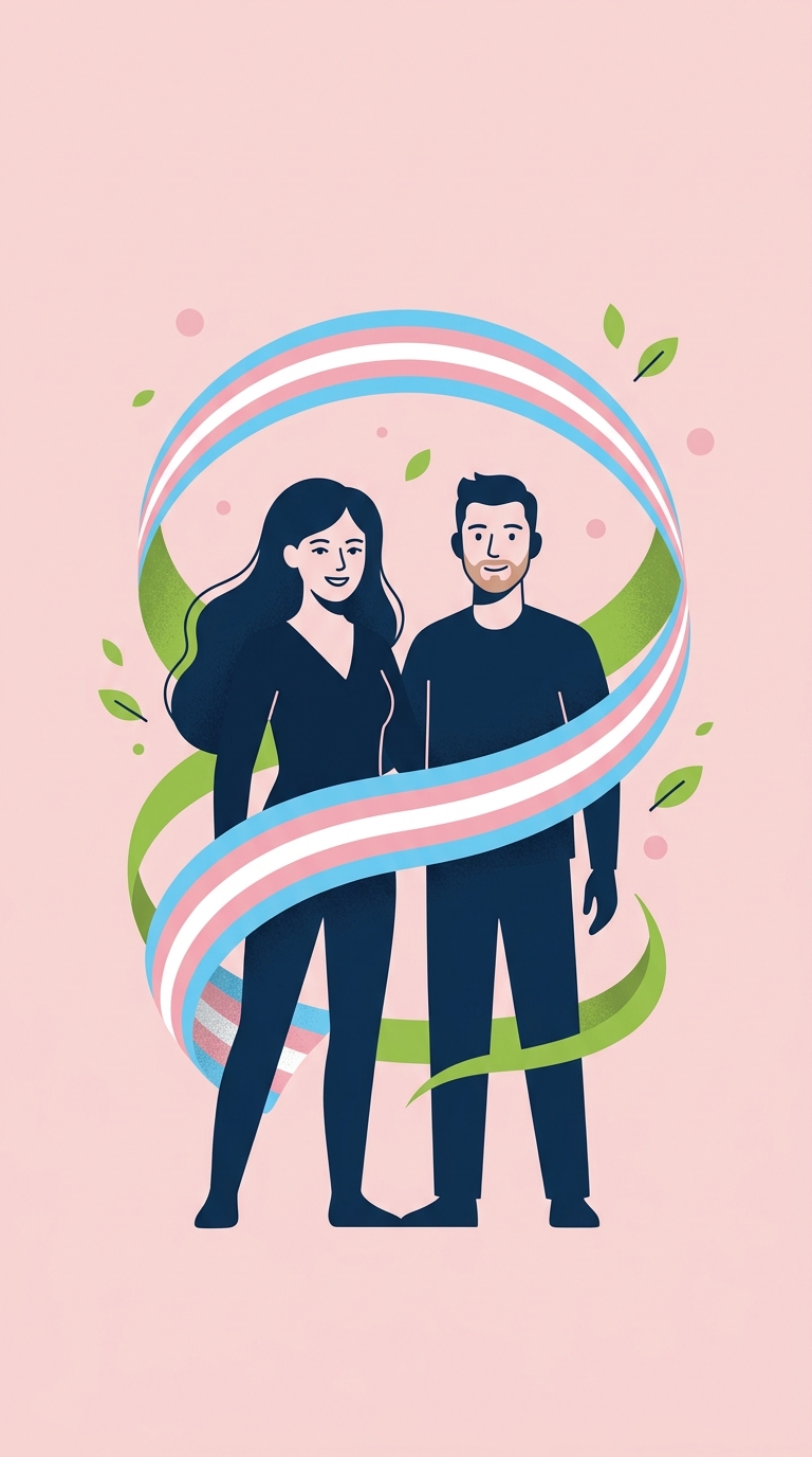 Illustration of a trans woman and trans man embraced by a pride ribbon